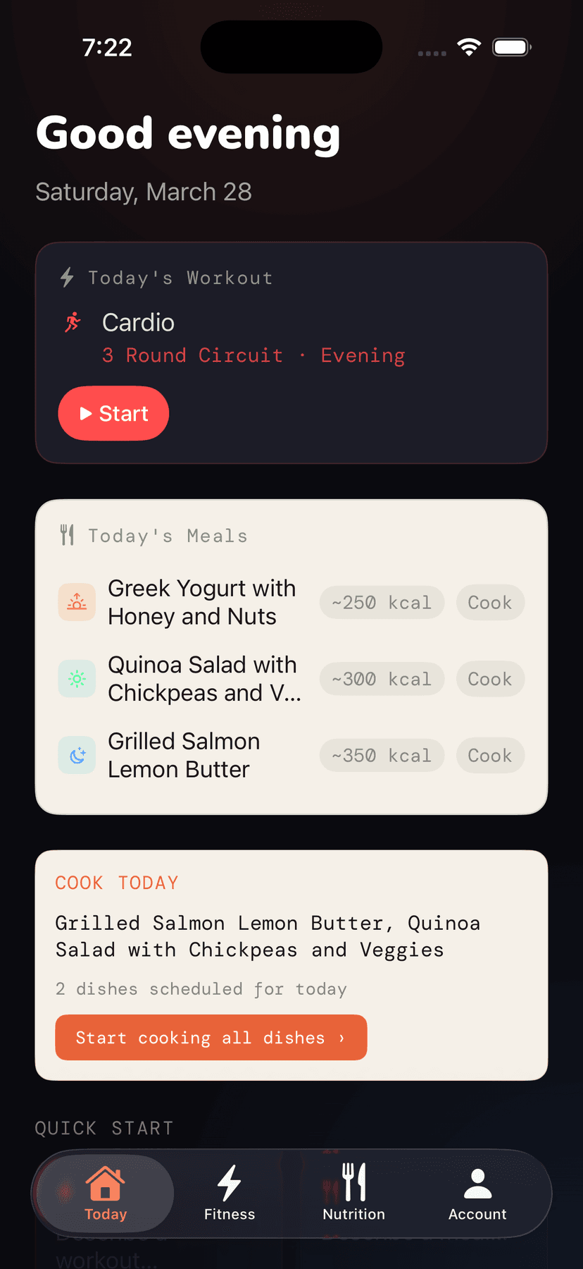 Focovi Today tab — today's workout and meals at a glance