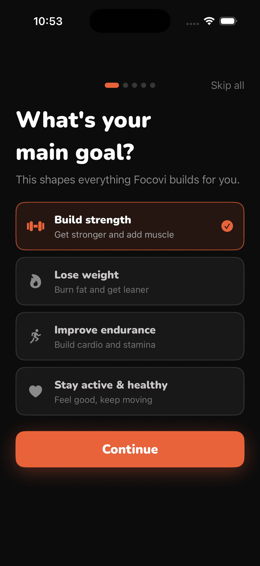 Focovi onboarding — fitness goal selection