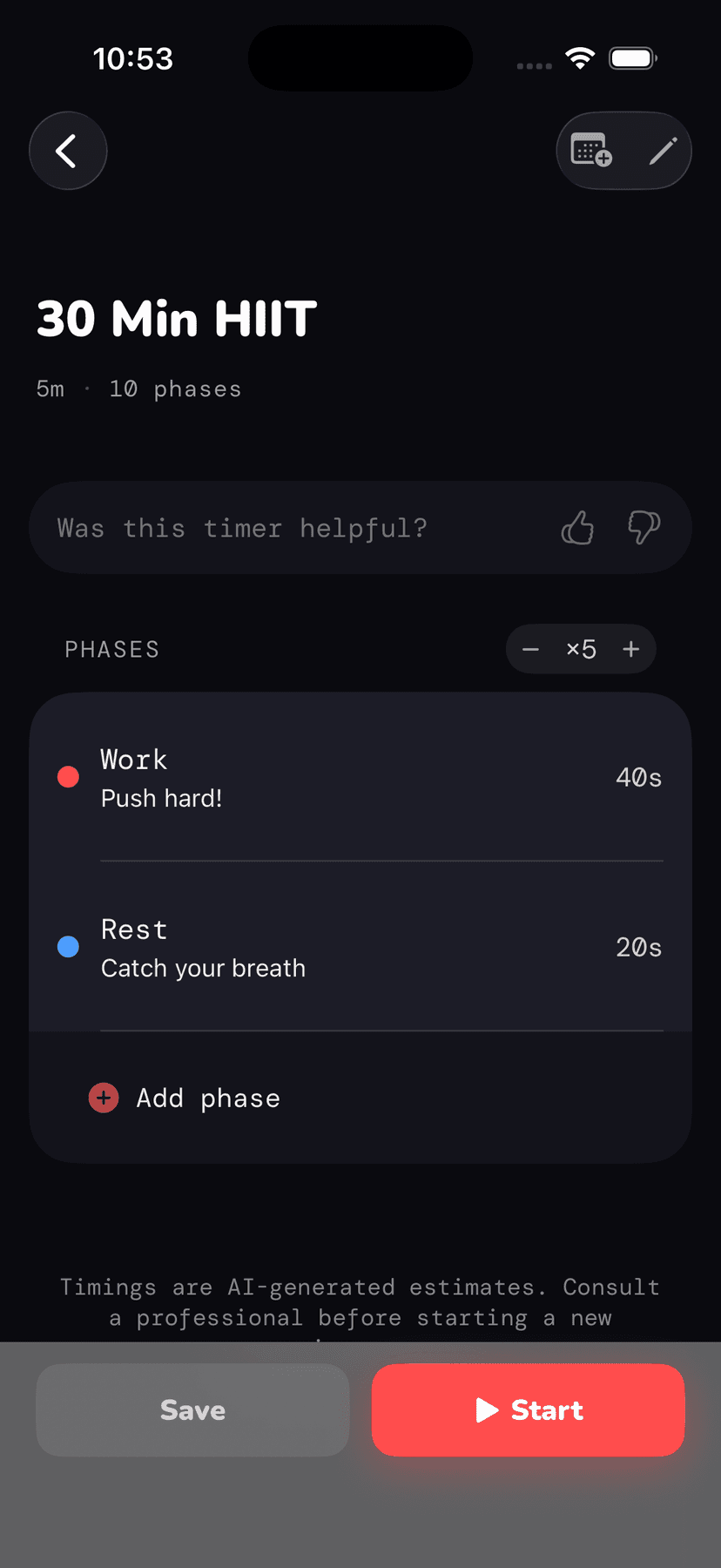 Focovi fitness timer preview — warmup, HIIT, cooldown blocks