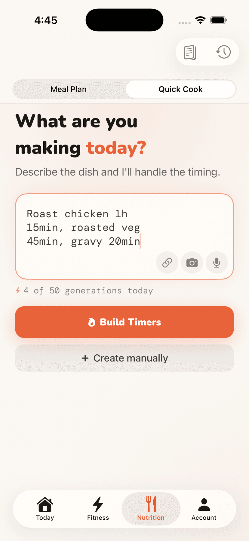 Focovi nutrition home — AI recipe input