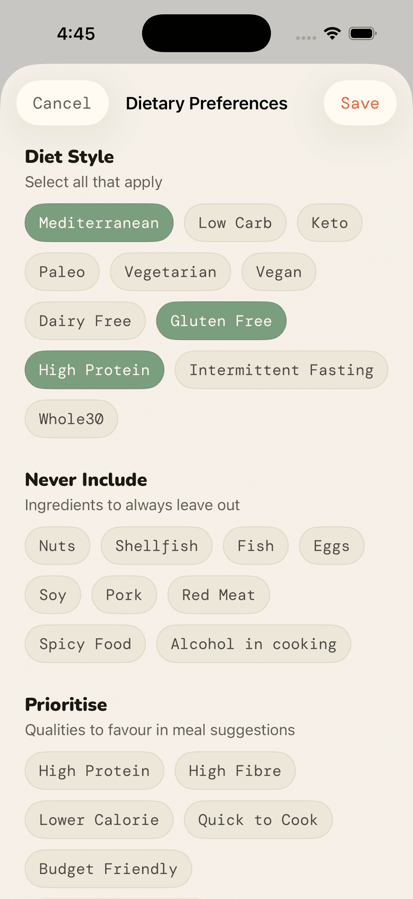 Focovi dietary preferences